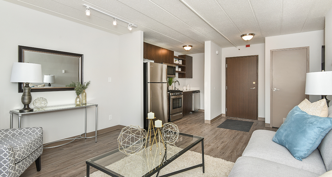 the kitchen and living room