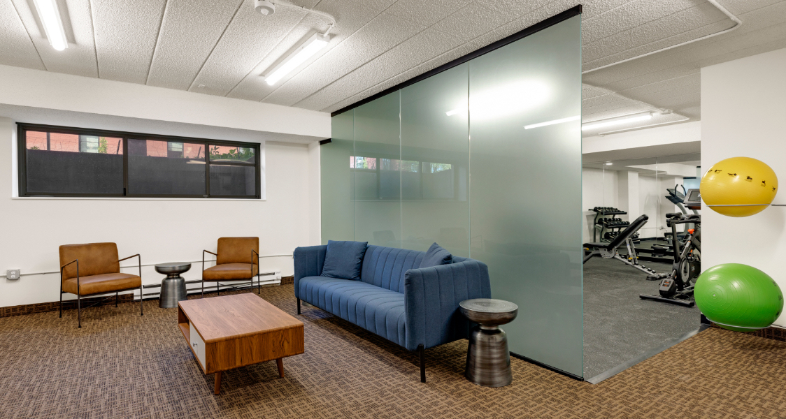 the lobby and the fitness room